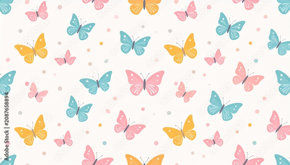 Fototapeta premium Colorful butterflies fly around dots
