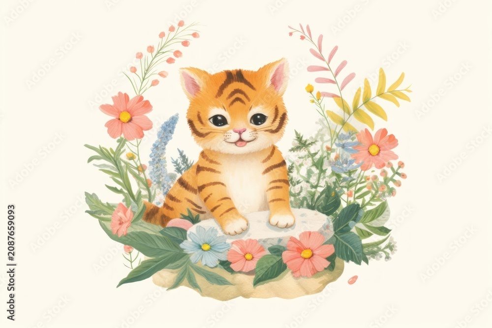 Fototapeta premium Baby tiger in flower garden animal mammal plant.