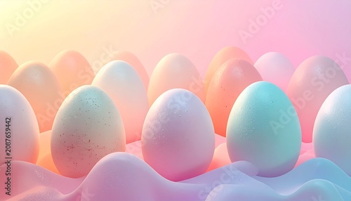 Eggs are arranged in pastel colors on soft surface