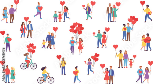 Foto Love relationship illustration, couples families, heart balloons, cycling walkin