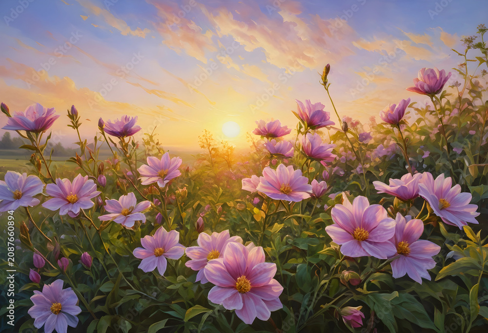 Obraz premium Oil painting of blooming pink flowers at sunrise in nature