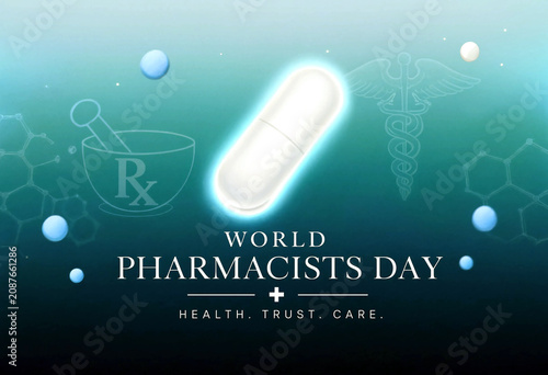 Celebrate world pharmacists day with glowing capsule and medical symbols in creative design