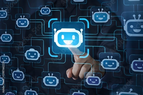 AI-to-AI communication and interaction. Autonomous AI negotiation and collaboration. Businessperson tapping an artificial intelligence robot icon.