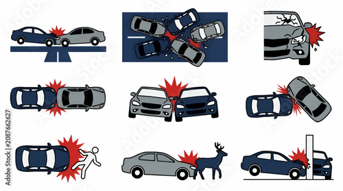 Canvas Print Flat Vector Icons of Car Accidents: Head-on Collision, Rear-end Crash, Multi-Car