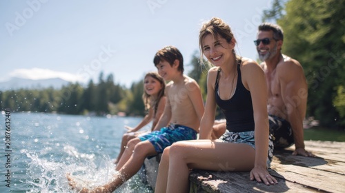 Happy Family Splashing Water While Sitting on a Wooden Lake Dock
