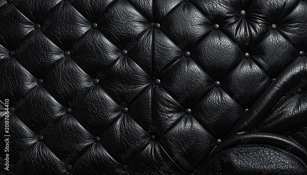 Fototapeta premium Deep black tufted upholstery texture with shiny surface, subtle reflections, and button details, luxurious and rich interior design element