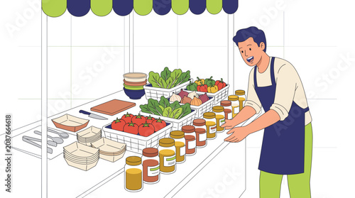Male vendor arranging fresh vegetables at a market stall