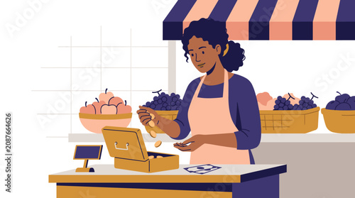 Small Business Owner Counting Money at Fruit Market Stall