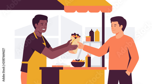 Flat Vector Illustration of a Food Stall Vendor Serving a Customer
