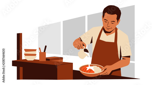 Minimalist illustration of a male chef preparing a gourmet meal