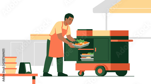 Male food vendor organizing a mobile catering cart illustration