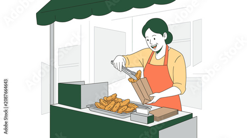 Female Street Food Vendor Serving Fried Snacks at Outdoor Stall