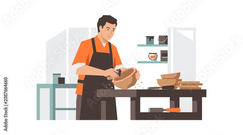 Artisan carpenter crafting a wooden bowl in a workshop illustration