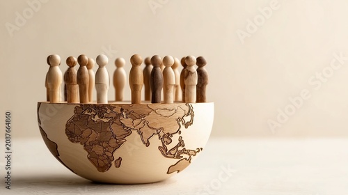 Wooden figures gathered in a world map bowl symbolizing humanity and global growth on World Population Day