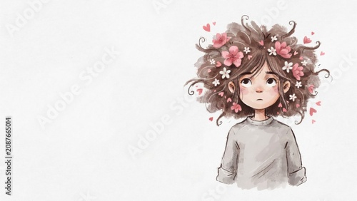 Curly-haired girl, pink and white flowers 