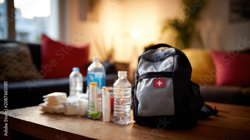 Emergency Survival Kit and Water Bottles on a Living Room Table
