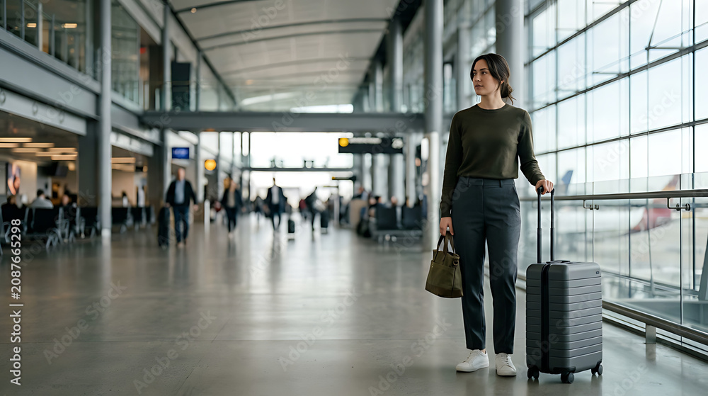 Fototapeta premium Young woman traveling solo at an airport terminal with rolling suitcase and handbag waiting near large glass windows