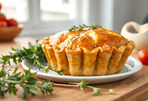 Whole golden meat pie on wh...