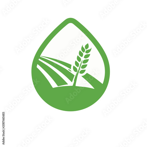 Green agriculture logo with wheat and fields