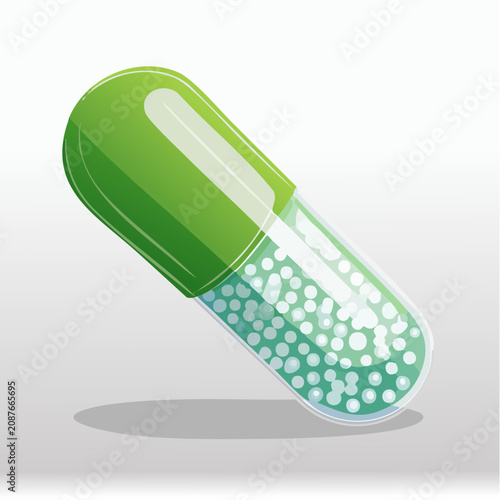 Green capsule with transparent body and medicine particles