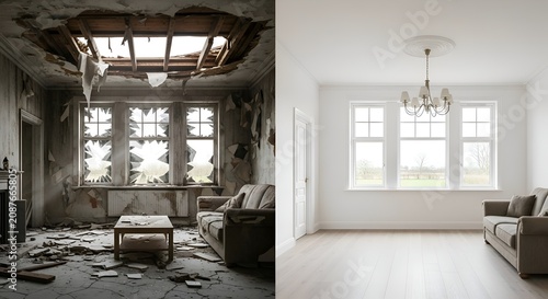Renovation vs. Destruction: Abandoned space and new home interior concept