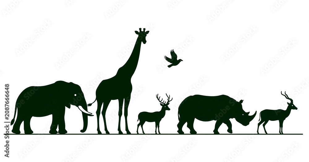 Obraz premium Silhouette collection of wild animals including elephant giraffe rhino and deer standing together