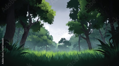 Serene Anime Style Forest Clearing with Lush Green Grass and Misty Trees