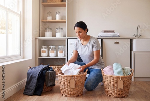 Woman Sorting Clean Laundry into Wicker Baskets in a Modern Home Laundry Room