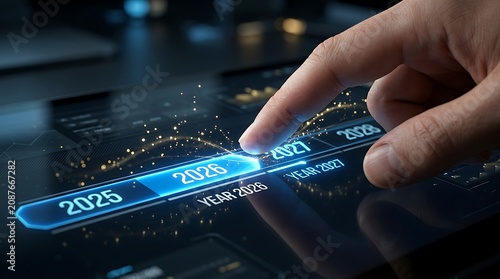 Human finger touching glowing blue digital timeline interface screen with years marked for future planning projections.