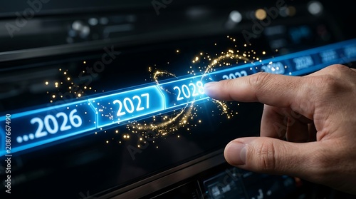 Human finger touching glowing blue digital interface panel future years with sparkling light particle effects hand.