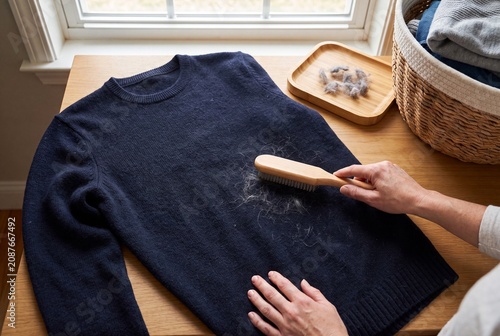 Person Removing Lint and Pet Hair from Navy Blue Wool Sweater