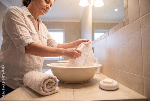 Mature Woman Hand Washing Delicate Lace Clothing in Bathroom Sink