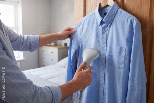 Man Using Handheld Garment Steamer to Remove Wrinkles from Blue Shirt