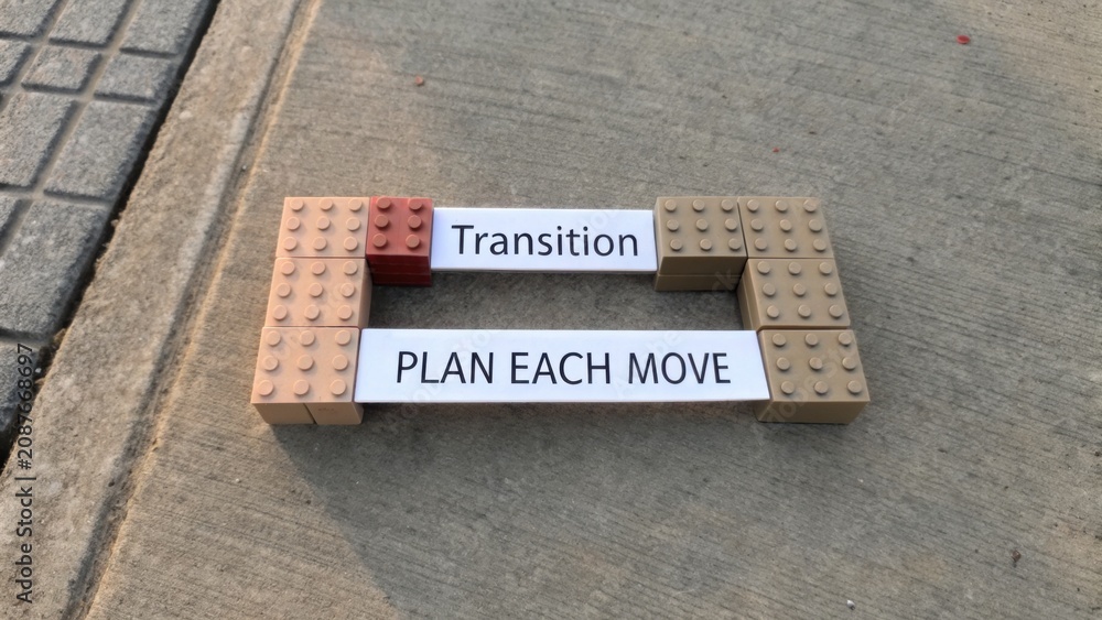 Obraz premium Creative Lego Structure for Transition Planning and Strategy Execution with Labels on a Sidewalk Background