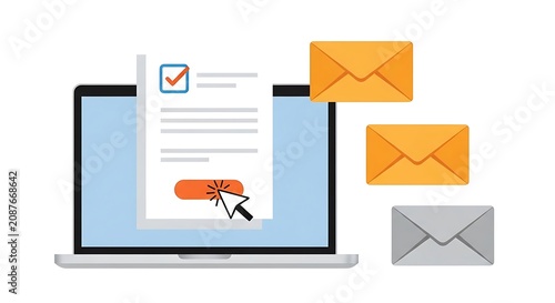 A graphic illustration of a laptop sending and receiving emails with a document on the screen.