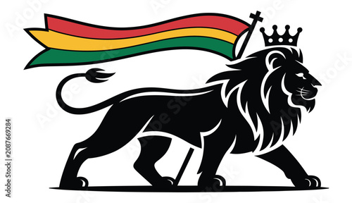 Lion of Haile Selassie Vector Illustration Featuring Regal Lion with Crown, Flag, and Traditional Ethiopian Symbolic Design
