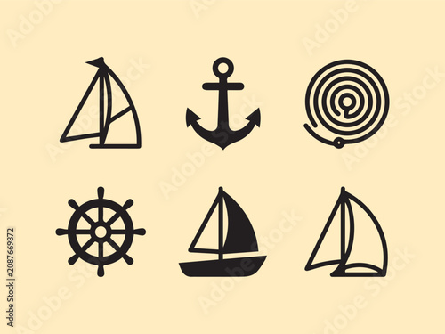 Nautical icons sailing boat anchor ship wheel rope