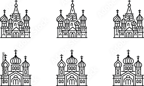 Schilderij op canvas PrintRussian orthodox church cathedral outline icons set featuring onion domes k
