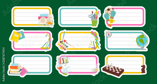 Fotografie A set of rectangular school tags and name badges for kids featuring books, paints, globe, and sports gear