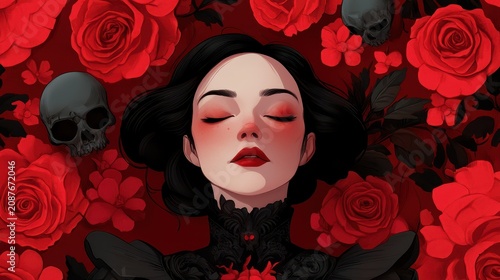 A tranquil woman with closed eyes and dark hair in an intricate black lace outfit rests among vibrant red roses and dark skulls.