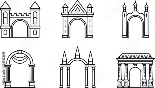 Quadro su tela PrintArchitectural archways and historical castle gates vector line icons set fo