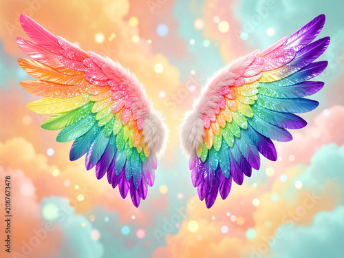 Wonderful angel wings with colorful feathers shining in various rainbow colors