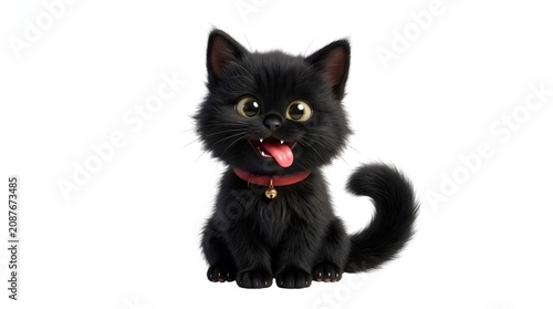 Cute cartoon black kitten with big eyes and tongue out isolated on white background