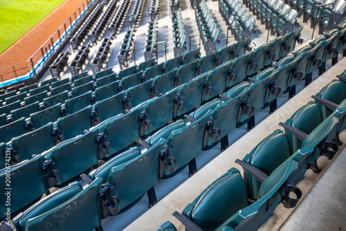 Empty stadium seats viewed from above in a baseball stadium