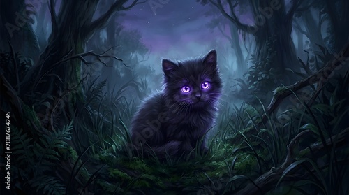 Enchanting black kitten with glowing purple eyes sitting in a mystical dark forest at night