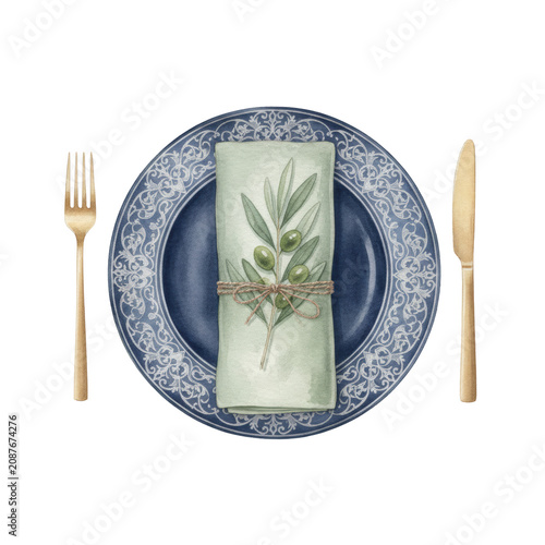 Formal place setting with navy plate, silver filigree rim, sage green napkin, rustic twine, olives, and gold cutlery on white paper background, sophisticated dining