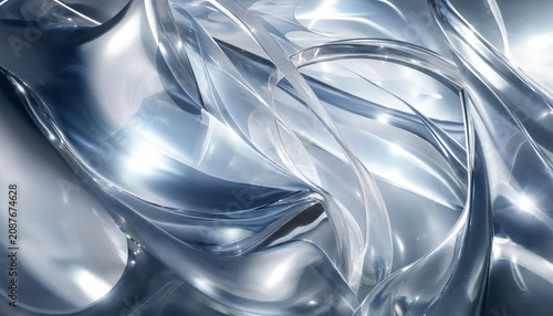 Abstract background, of flowing liquid, silver waves with, reflective surfaces and, smooth metallic textures, creating a sense, of fluid motion