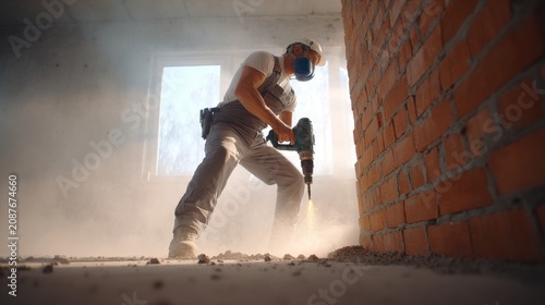 Construction worker drilling into concrete floor, creating dust