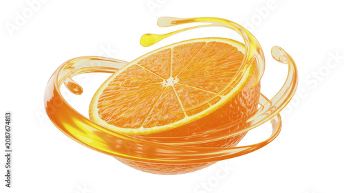 A ripe half of an orange fruit encircled by a flowing stream of transparent golden orange juice on a white background