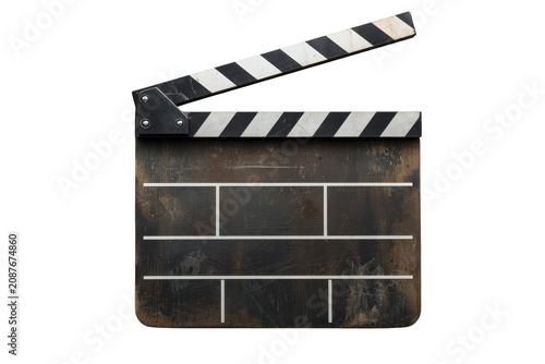 Vintage movie clapperboard with blank slate for film title, scene, and take, isolated on transparent background